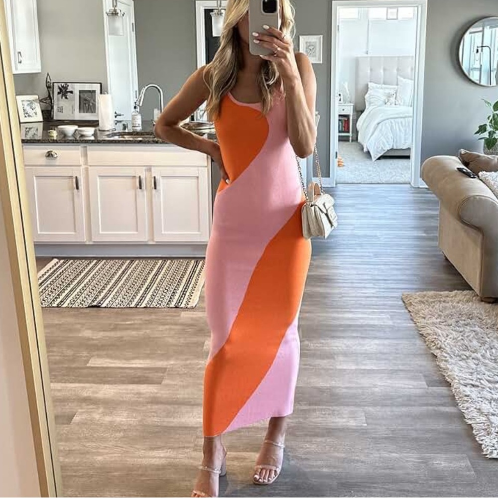 Colorblock Pink and Orange Maxi Dress - Sleeveless Bodycon